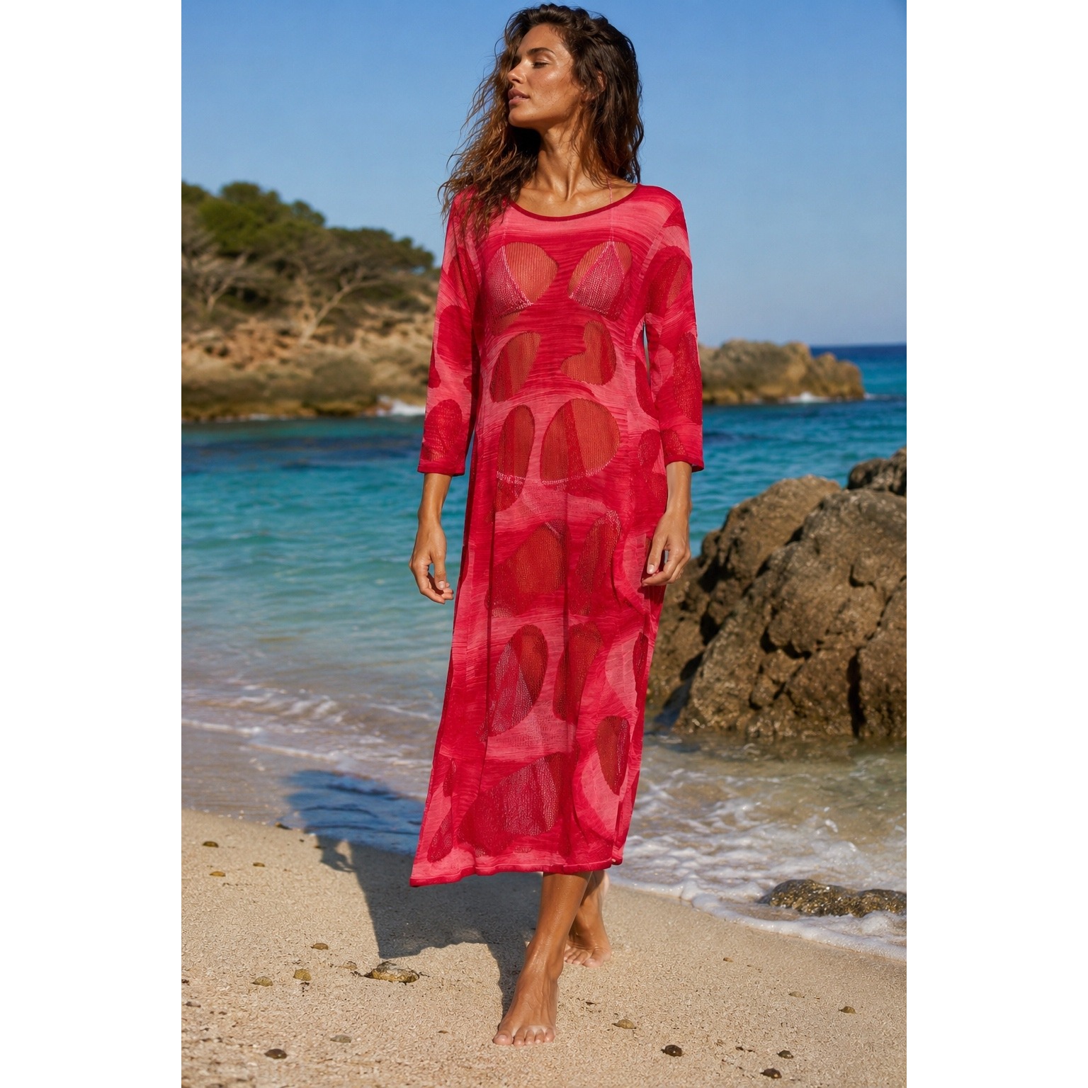 Missoni Knit Cover-Up Dress Womens Os Red Pink Heart Motif Made In Italy
